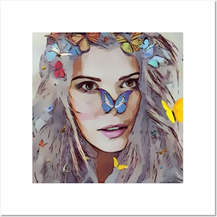 Fairy with butterflies in her hair and face Posters and Art